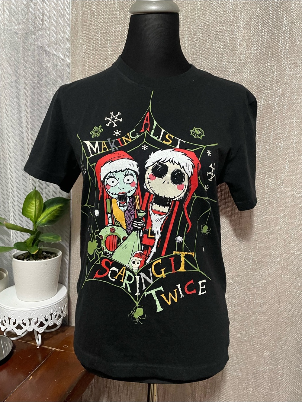 Disney Black Graphic Holiday Skeleton Tee "Making A List Scaring Twice"